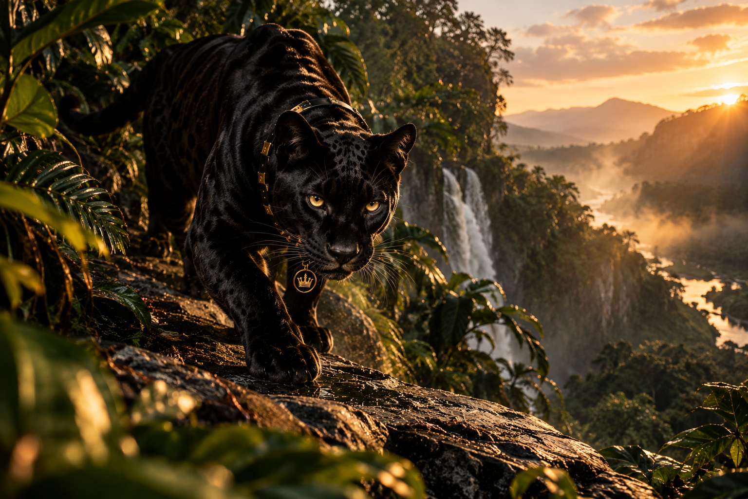 Lux, Lumoire Digital's black panther mascot, stalking a jungle ridge at golden hour, wearing her gold crown collar
